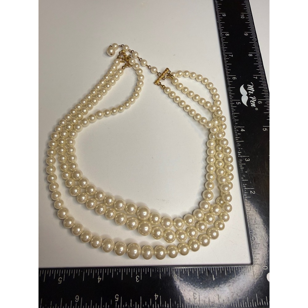 Vintage Triple Strand Faux Pearl Necklace Gold Tone J-Hook Clasp Cream Graduated